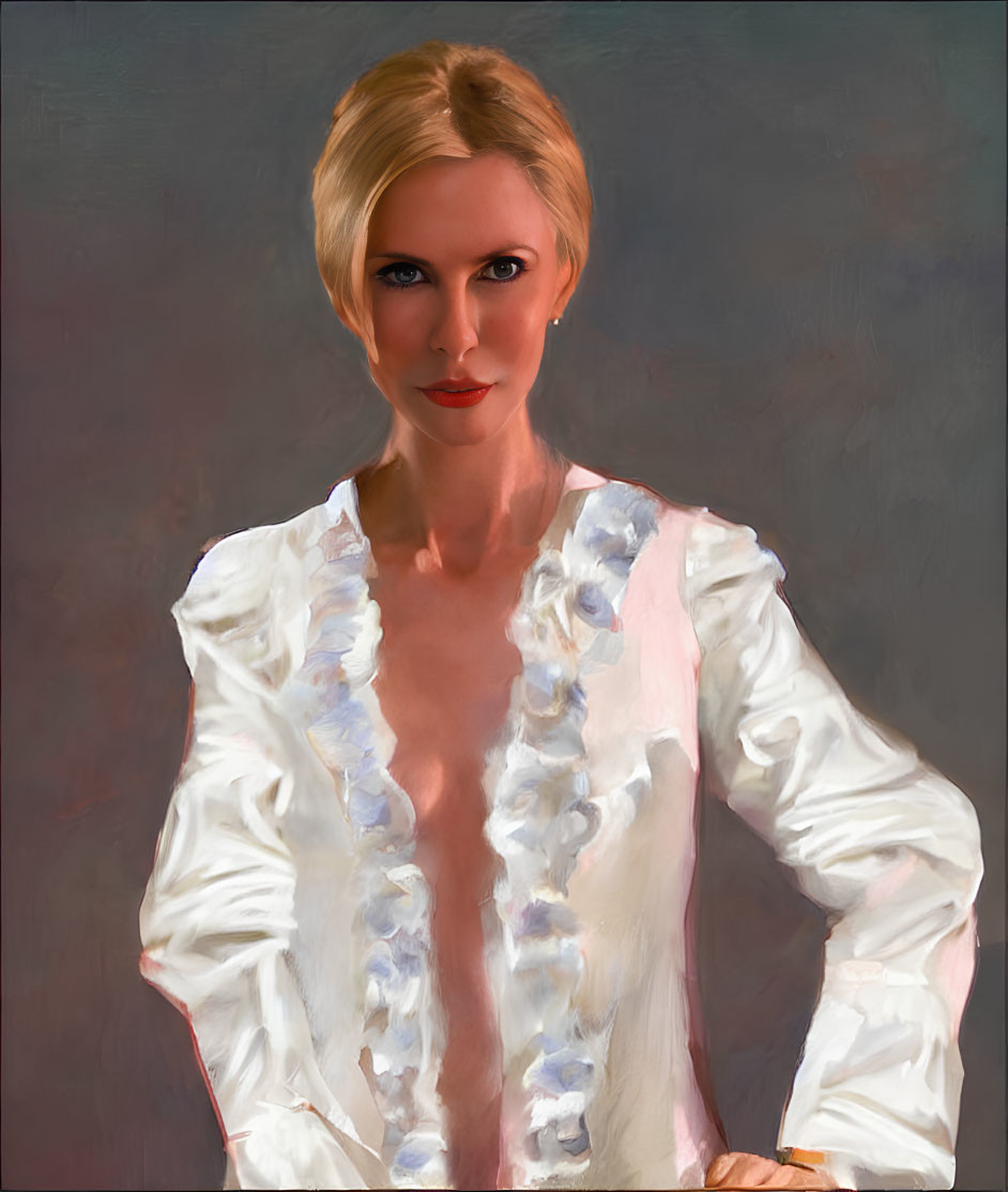 Blonde Woman in White Blouse with Red Lipstick