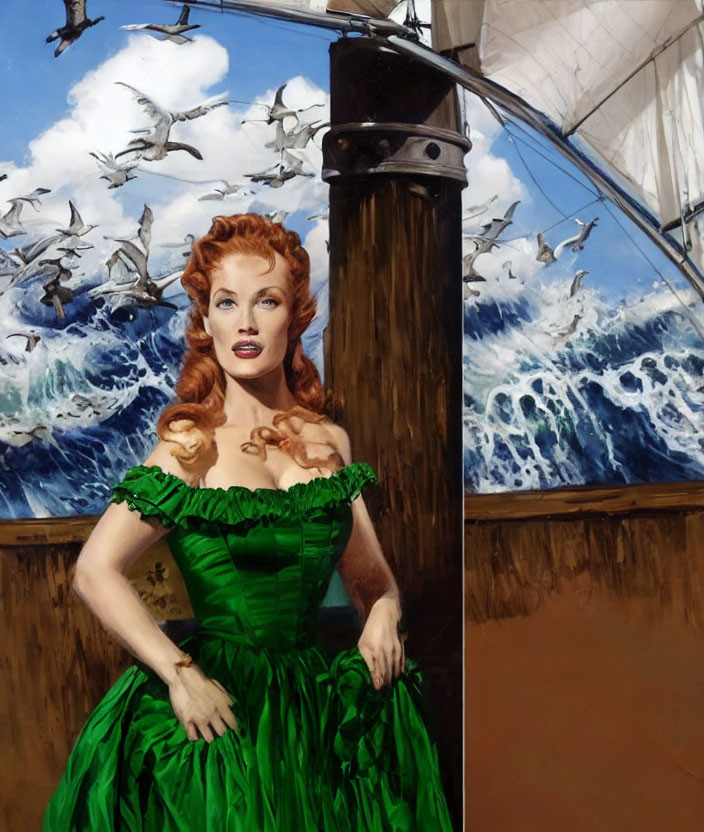 Red-haired woman in green dress by sea with flying seagulls