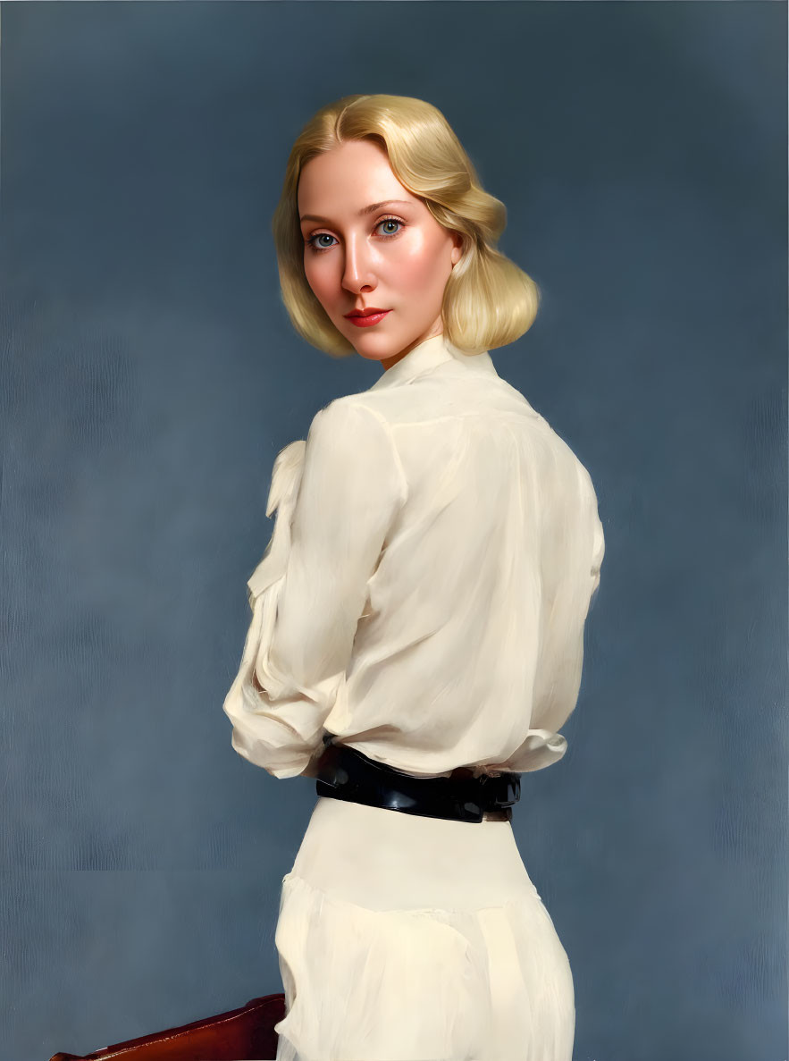 Blonde Woman Portrait in White Blouse on Grey Background