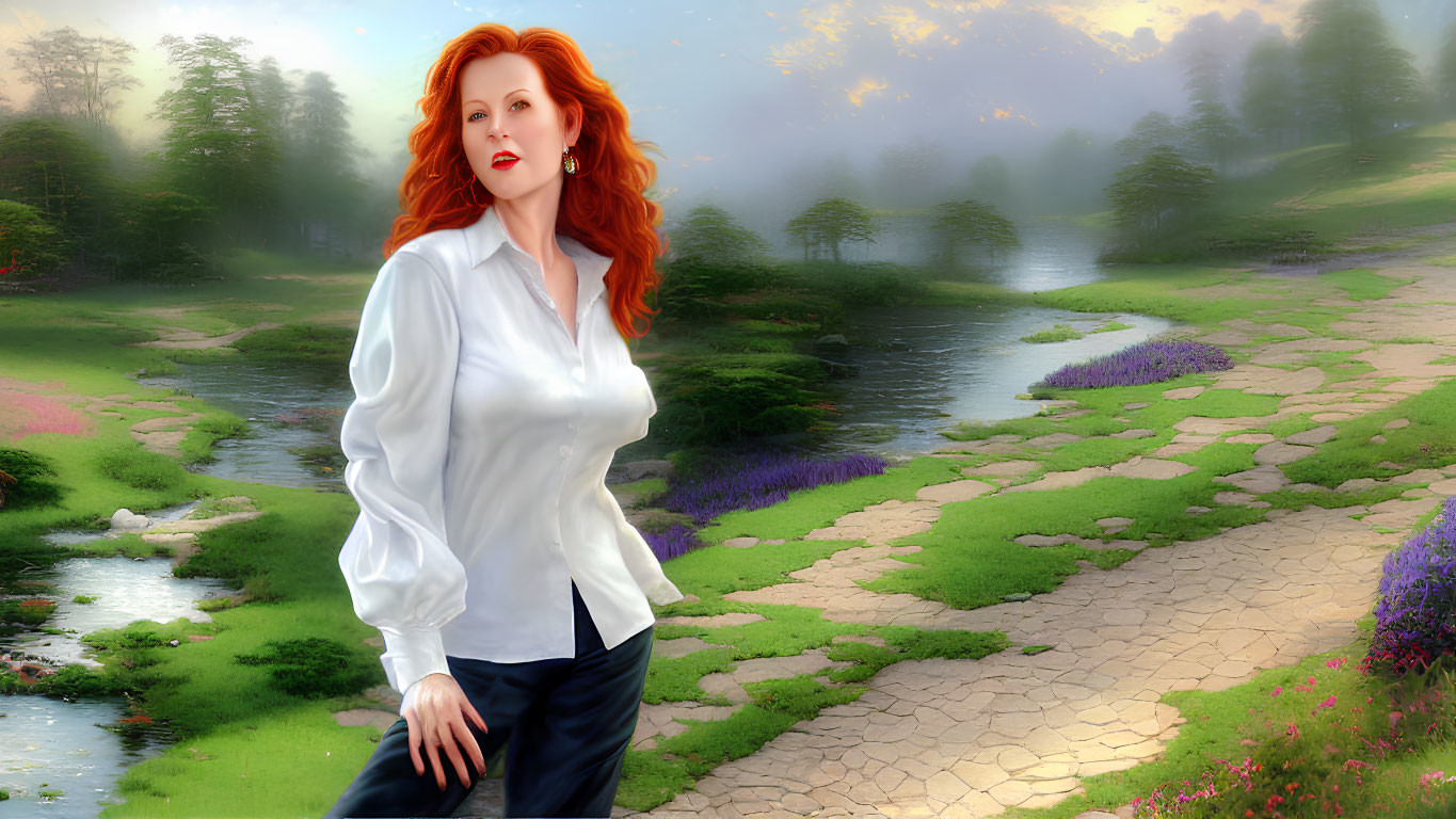 Red-haired woman in white blouse and navy skirt in serene landscape.