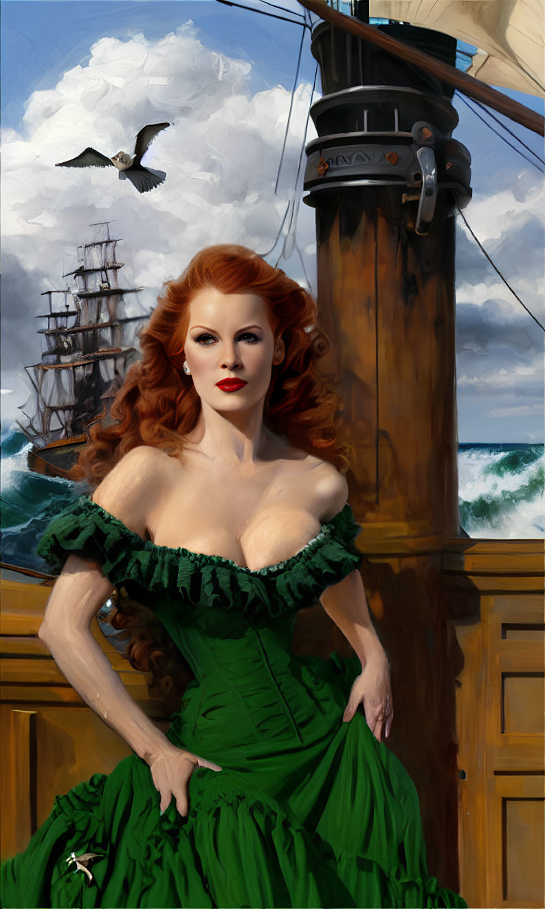 Red-haired woman in green dress on ship deck with seagull and tall ship under cloudy sky