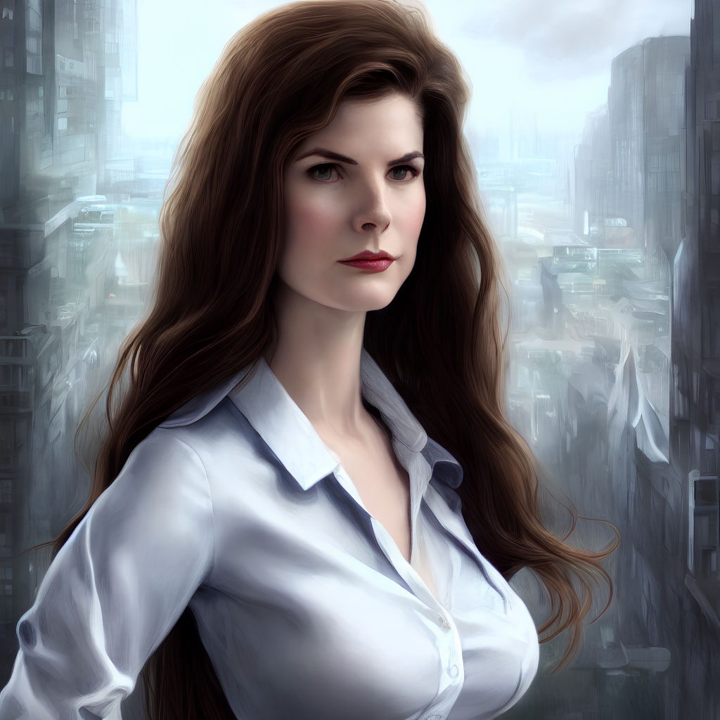 Digital portrait of woman with long brown hair in white shirt against blurred cityscape