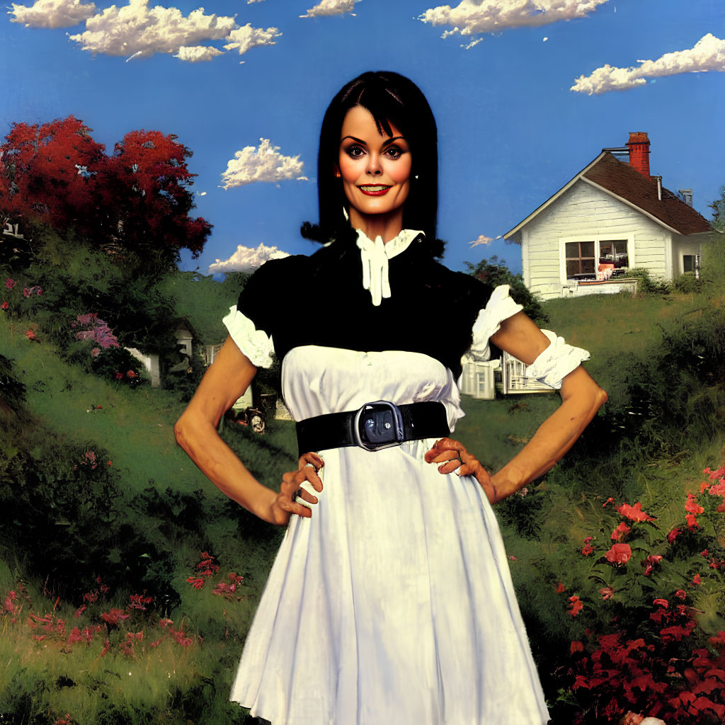 Stylized painting of woman in vintage dress with large eyes