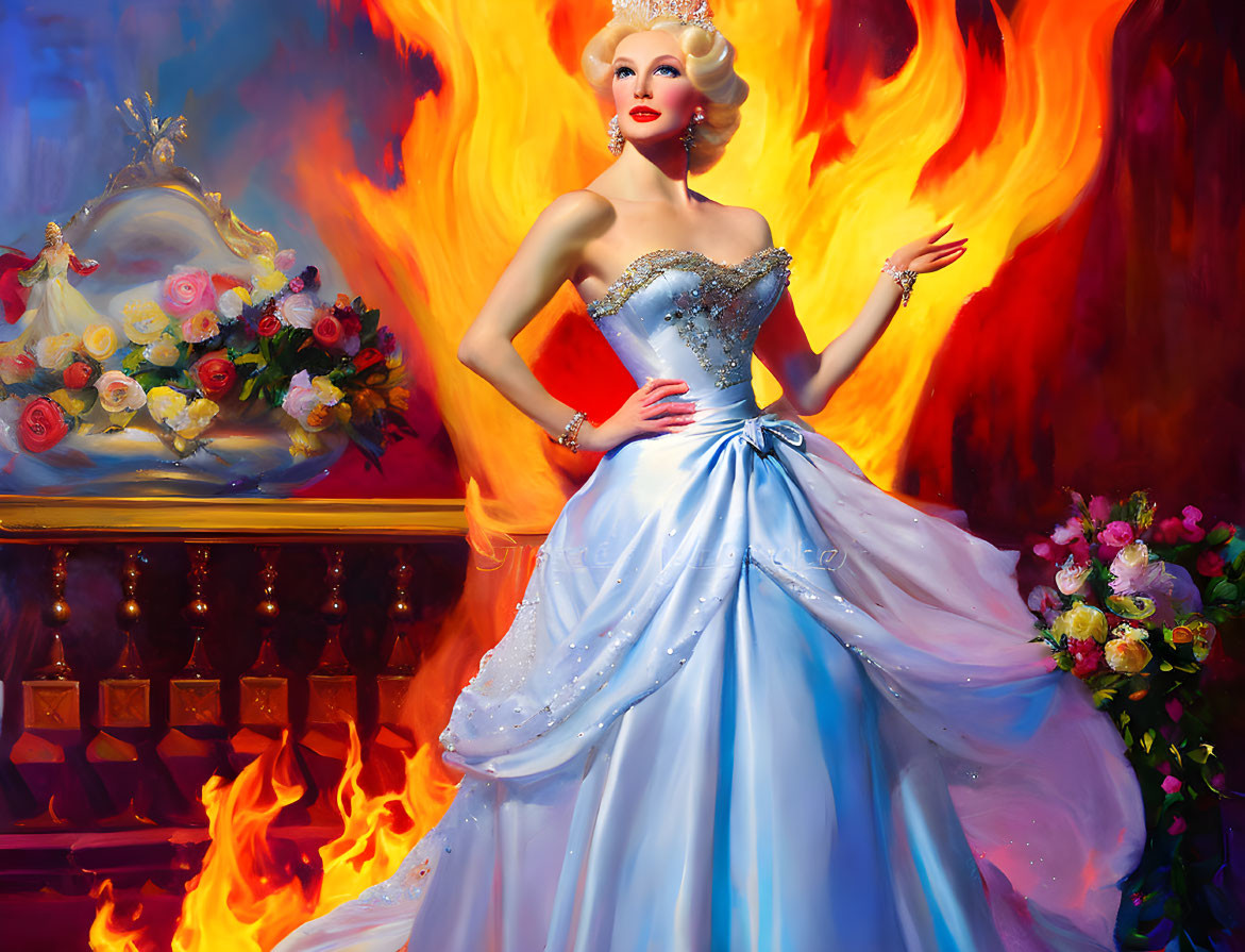 Woman in Blue Ball Gown Poses Amid Flames and Flowers