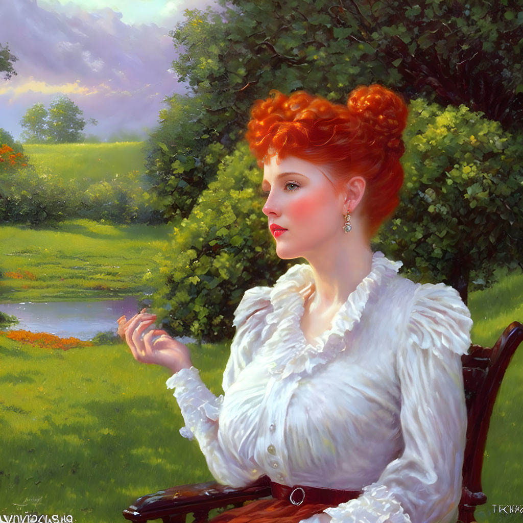Red-Haired Woman in White Blouse Sitting Outdoors
