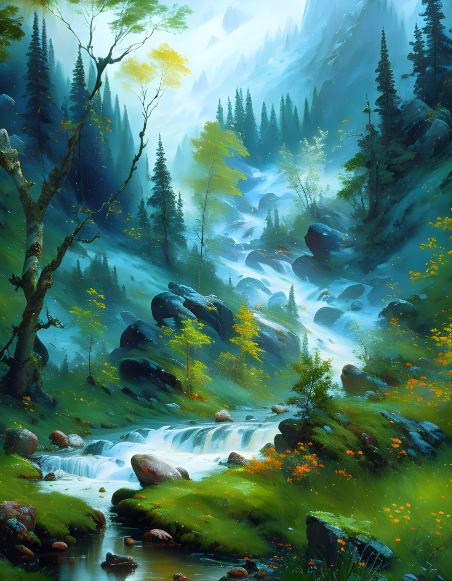 Tranquil forest scene with river, rocks, trees, and wildflowers