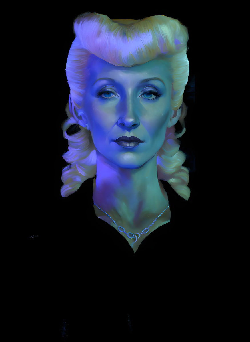 Blonde Curly Hair Woman Portrait in Striking Blue Tones