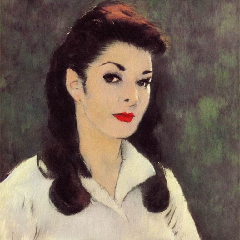 1940s-style portrait of a woman with dark hair and red lips