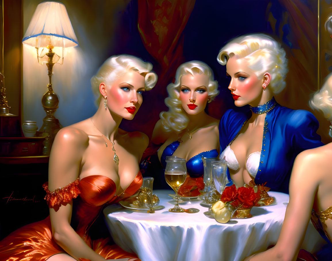 Glamorous women in evening attire at table with lamp and wine glass