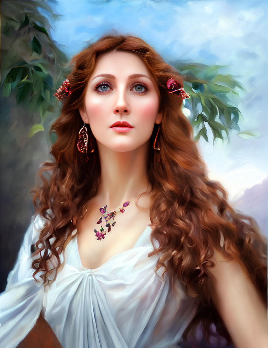 Portrait of Woman with Curly Hair and Blue Eyes in Floral Earrings