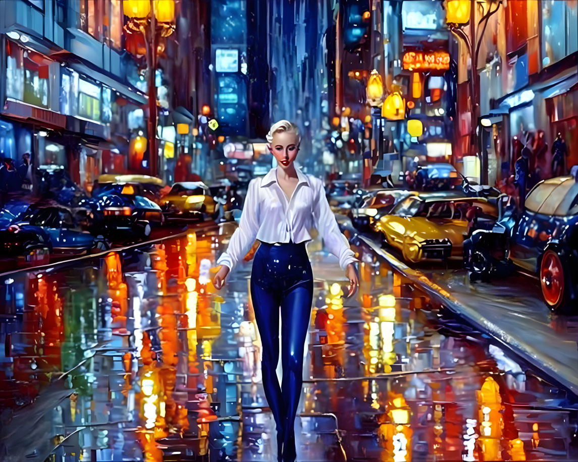 Stylized painting of confident woman in vibrant cityscape