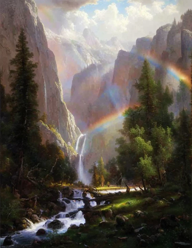 Scenic landscape with waterfall, stream, cliffs, trees, sunlight, and rainbow