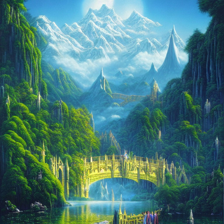 Fantasy landscape with snow-capped mountains, golden bridge, and colorful figures