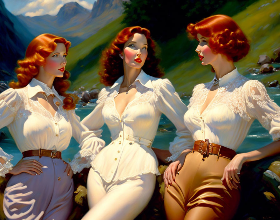 Vintage-style pin-up women in white blouses and high-waist shorts against mountainous backdrop
