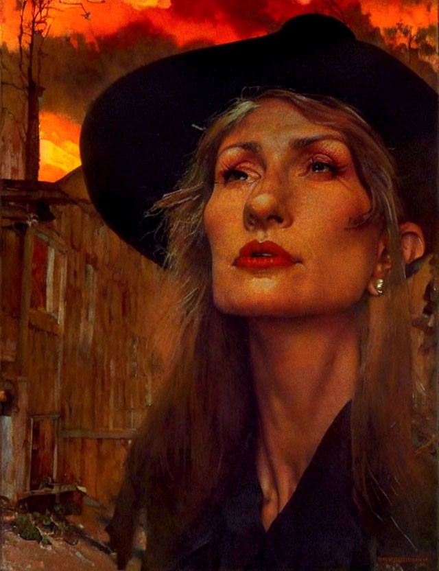 Woman in Black Hat Portrait Against Sunset-Lit Backdrop