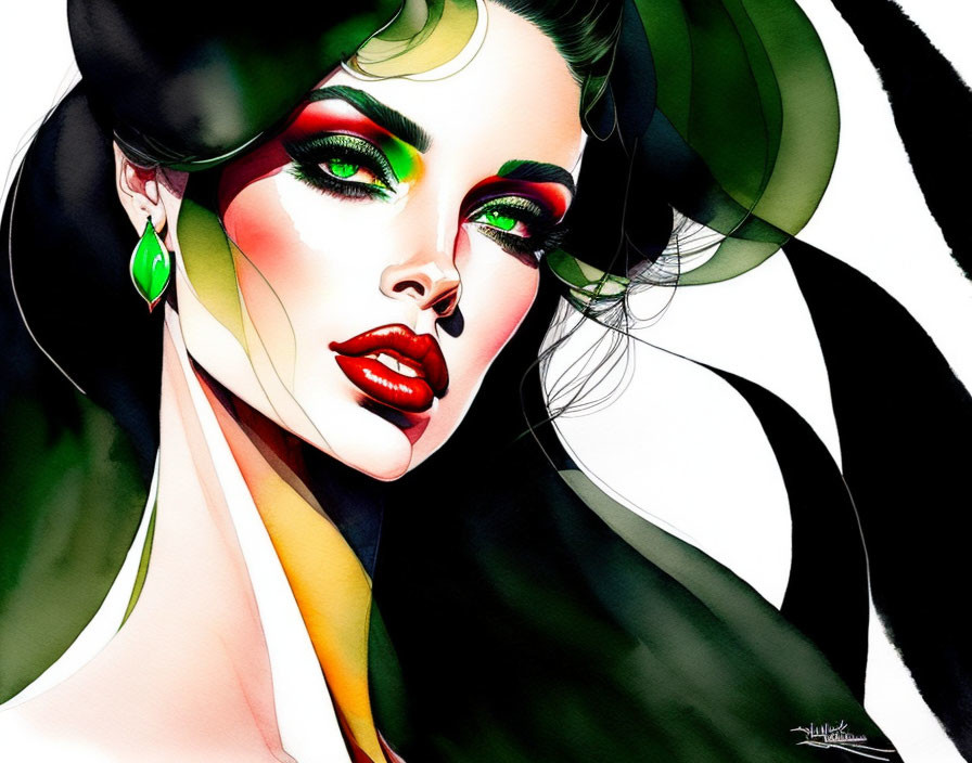 Vibrant Woman Portrait with Green Eyeshadow and Red Lips