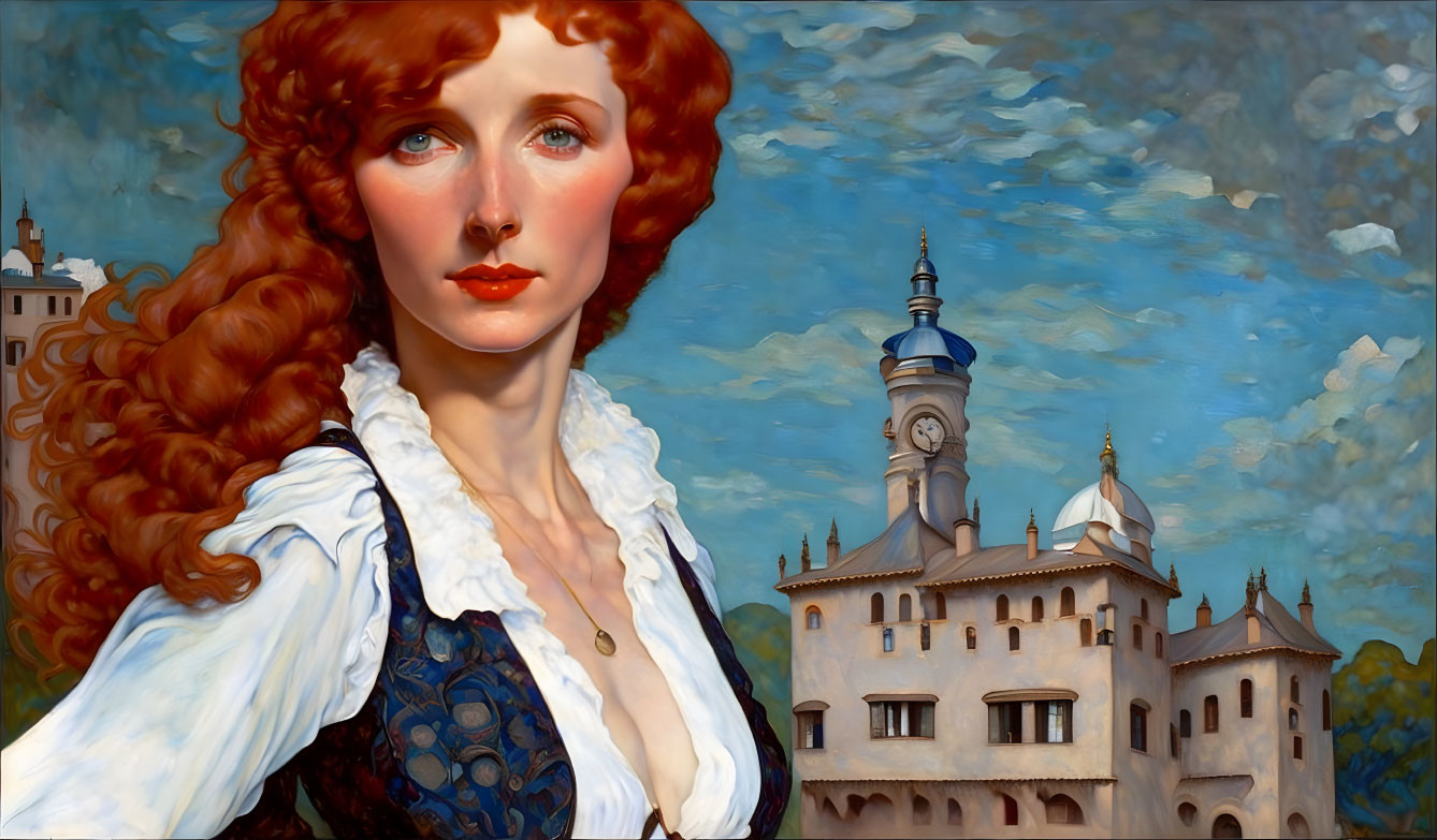 Red-haired woman in historical clothing with castle and cloudy sky.