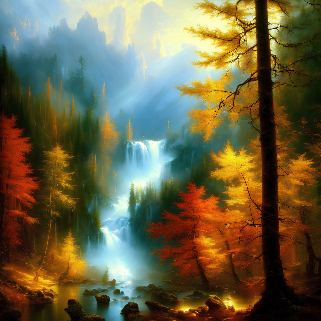 Ethereal autumn forest with golden foliage and waterfall scenery