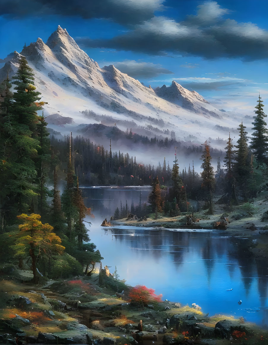 Tranquil landscape with snow-capped mountains, reflective lake, forests, and autumn trees