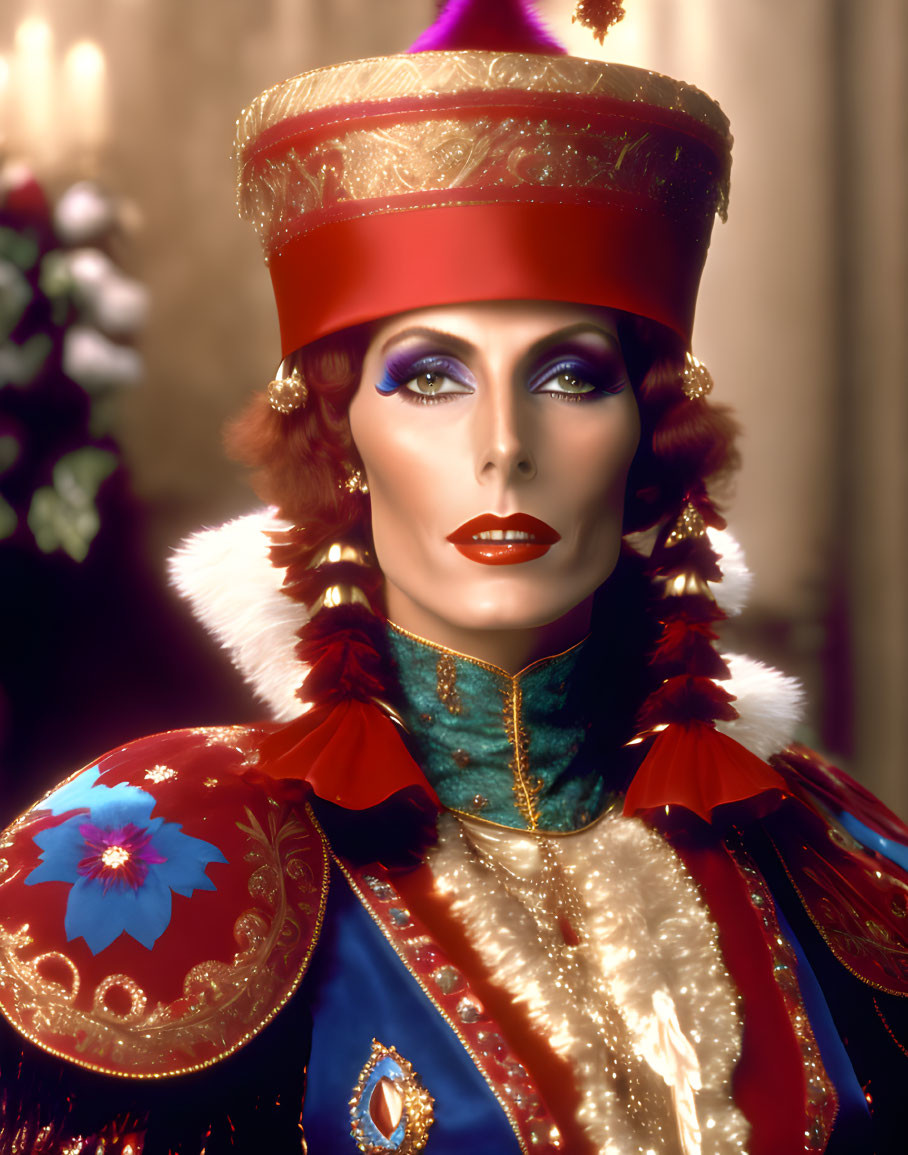 Colorful Theatrical Makeup and Ornate Costume on Person in Red Hat