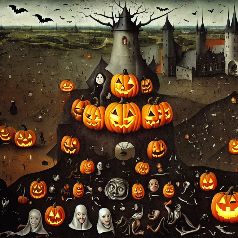 Spooky Halloween painting with pumpkin heads, bats, and eerie masks