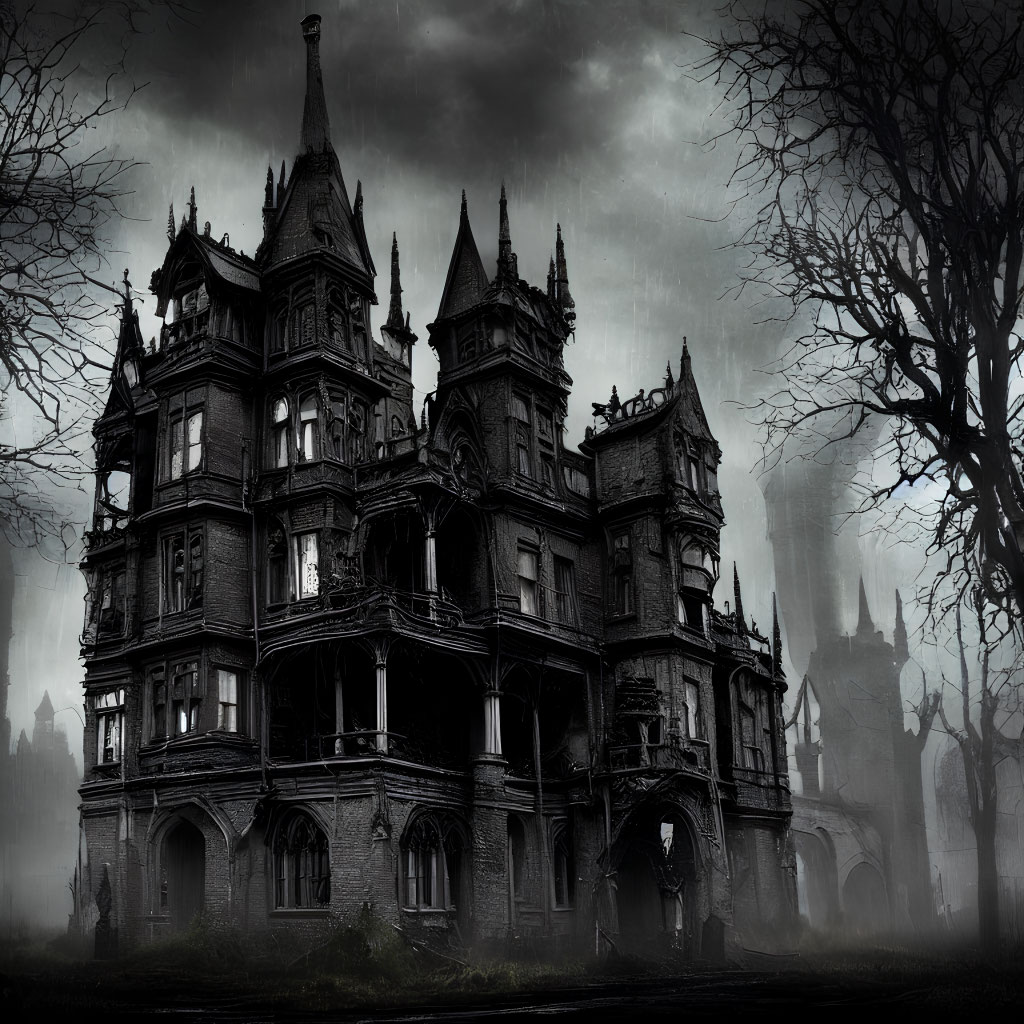 Victorian mansion in foggy forest with dark sky