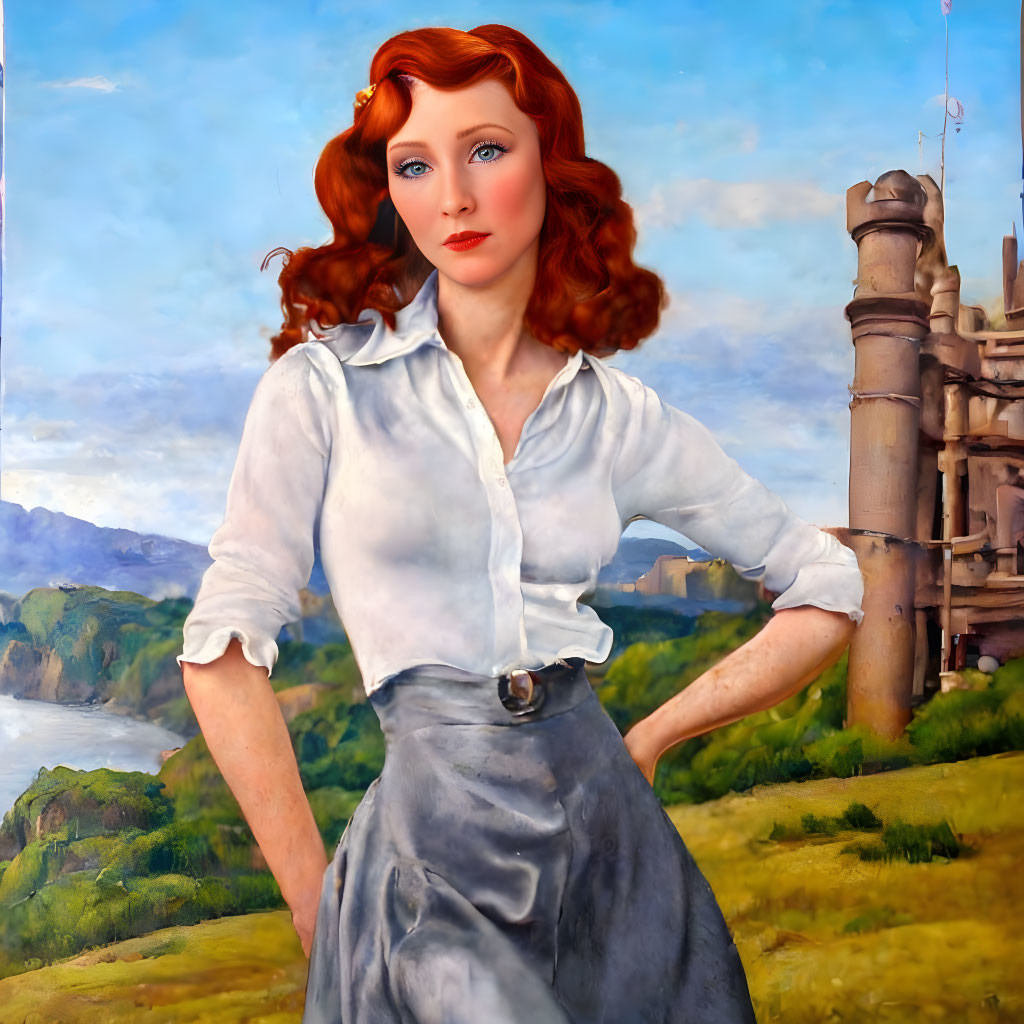 Digitally altered portrait of a confident redhead woman in white blouse and gray skirt against pastoral backdrop with castle