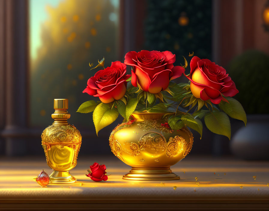 Golden perfume bottle and vase with red roses in warm light