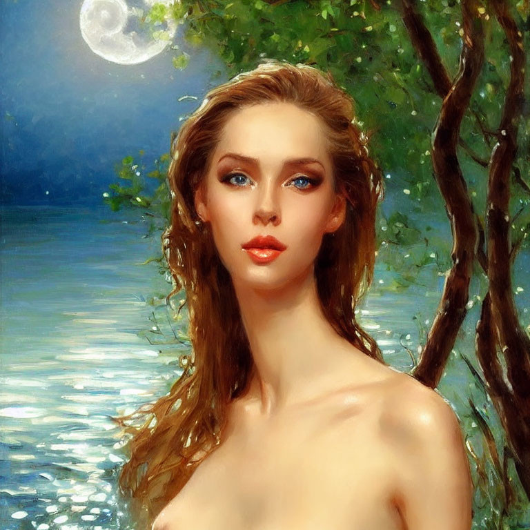 Woman with Wavy Hair by Moonlit Water and Trees