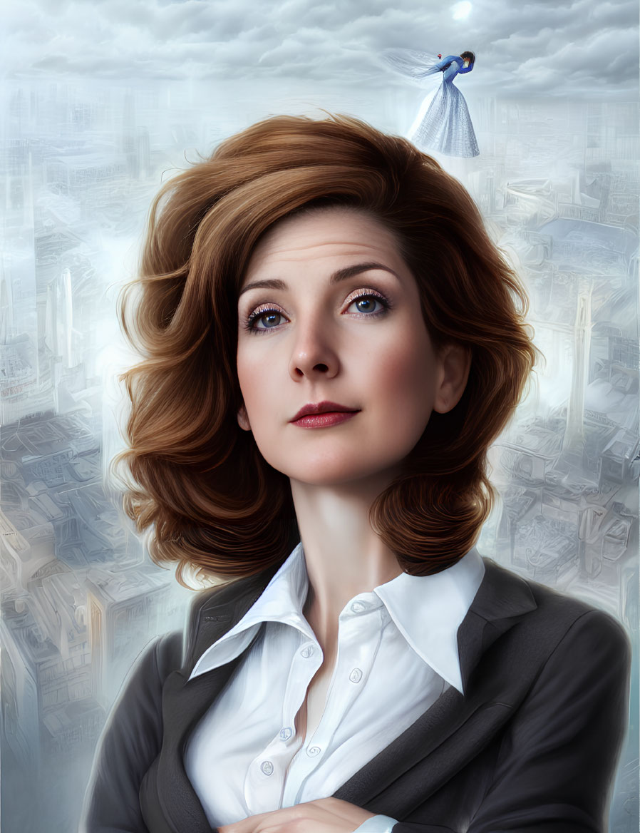 Digital artwork: Woman in business suit with brown hair, gazing up in futuristic city scene.