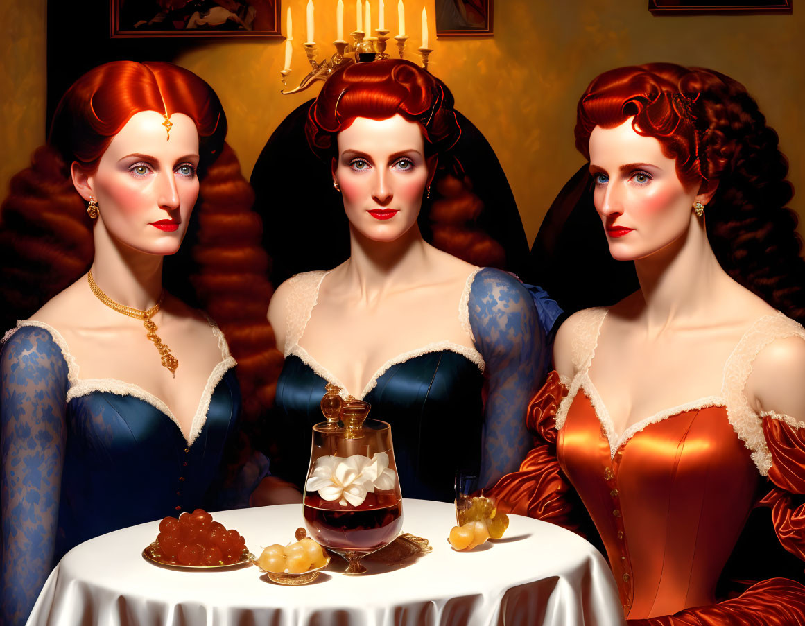 Three women with red updo hairstyles in elegant period dresses by a dessert table under warm lighting