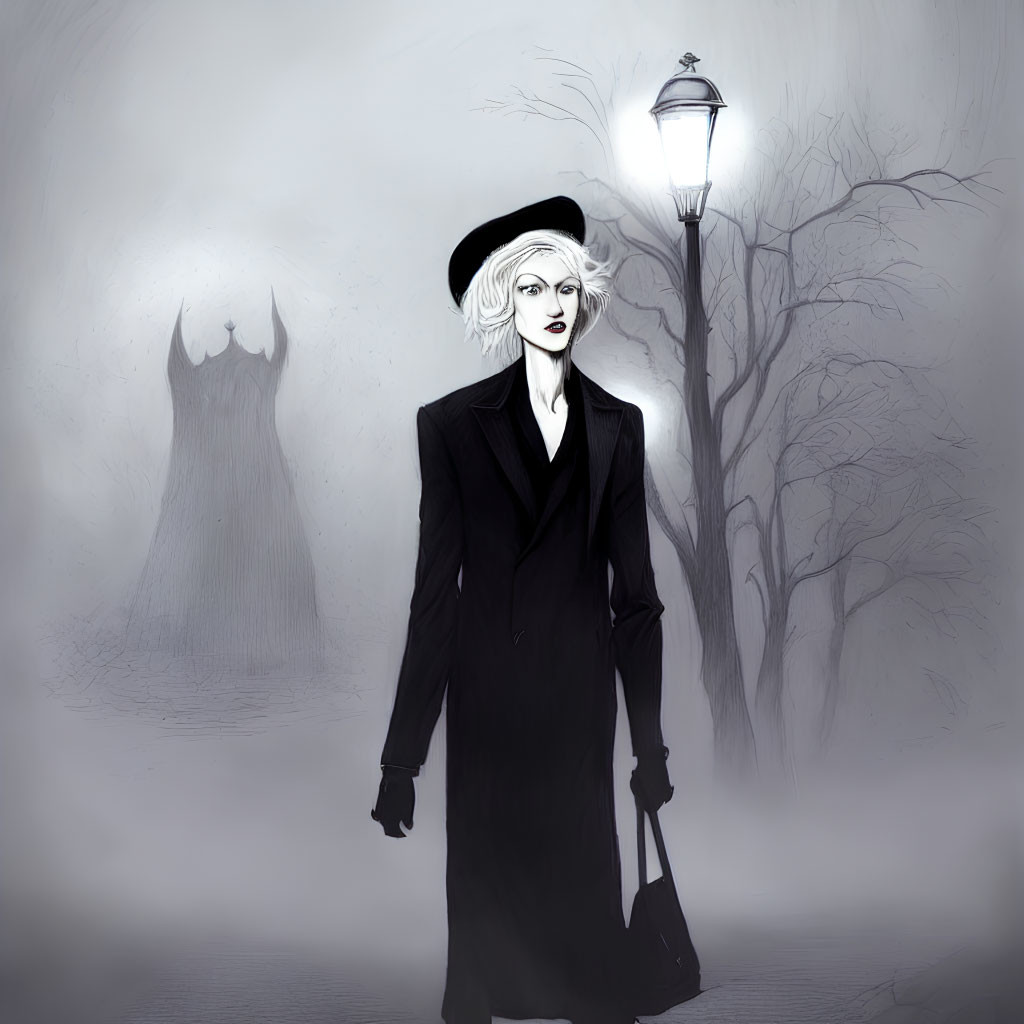 Pale woman in black coat and hat in eerie landscape with fog and bare trees