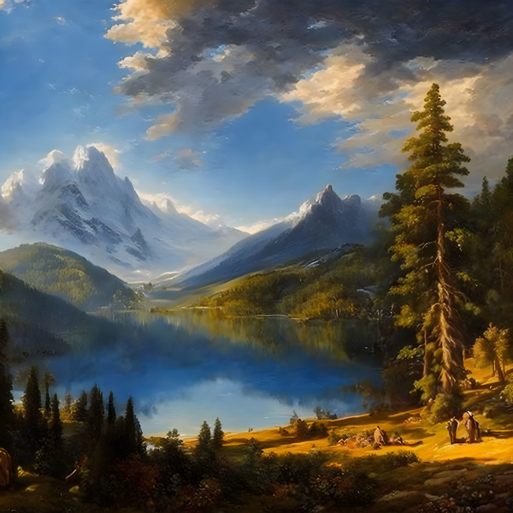 Snow-capped mountains, reflective lake, greenery, clear sky - serene landscape painting