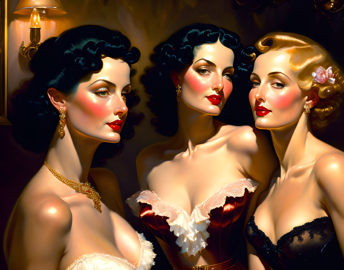 Illustrated vintage women with glamorous hairstyles and evening gowns