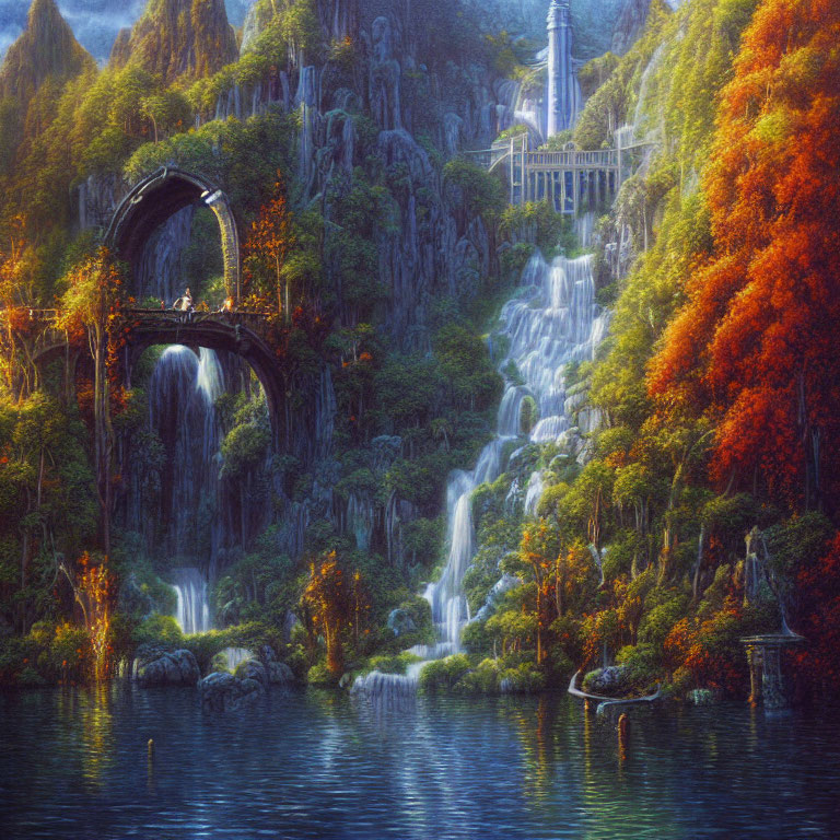 Tranquil lake with waterfalls, autumn trees, bridges, and ancient ruins