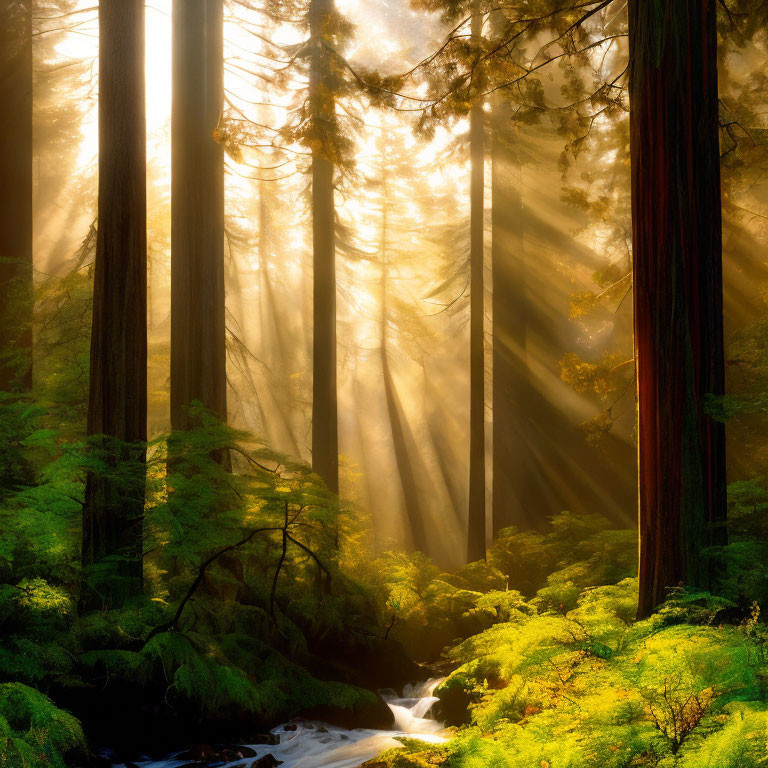 Sunbeams Illuminate Redwood Forest Scene