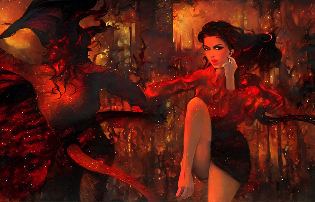 Stylized artwork of woman in fiery clothing against abstract background