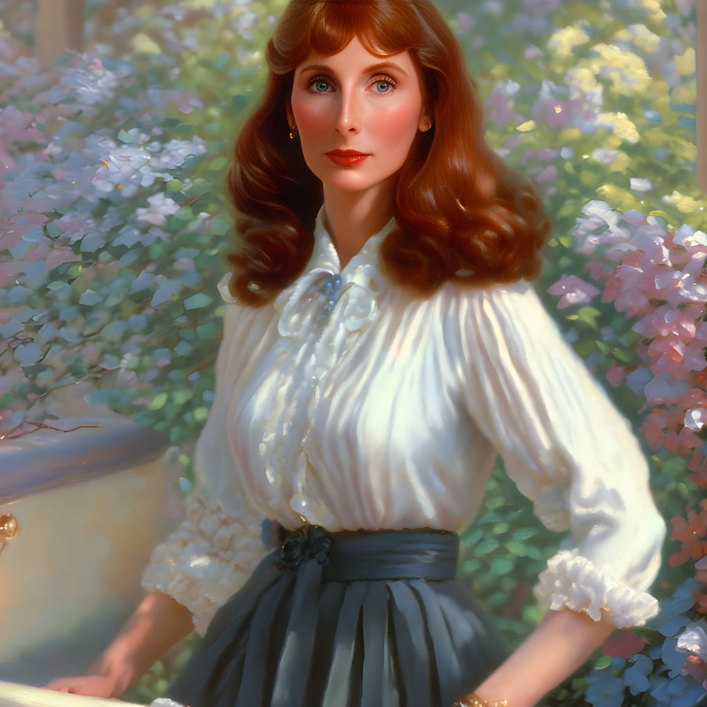 Portrait of woman with red hair in white blouse and blue skirt against floral backdrop