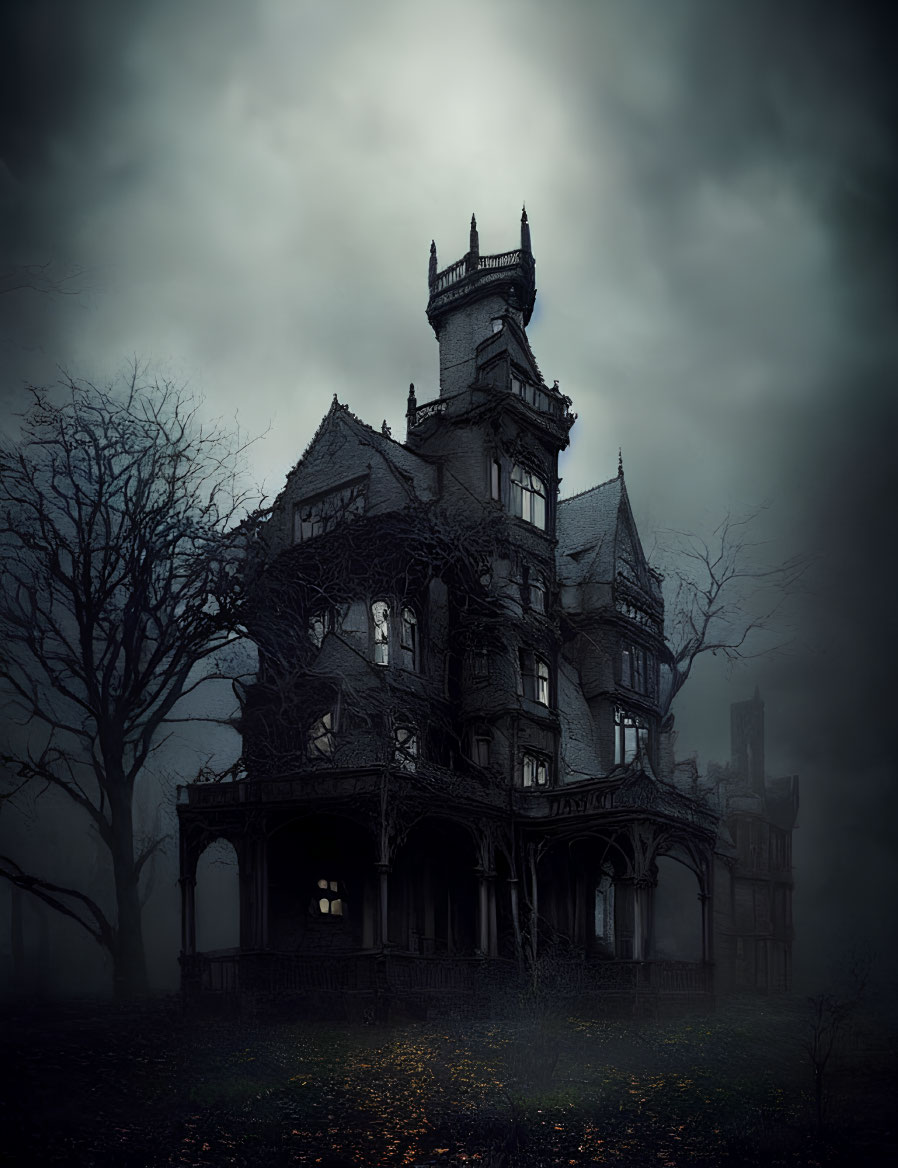 Gothic mansion in fog with dimly lit windows