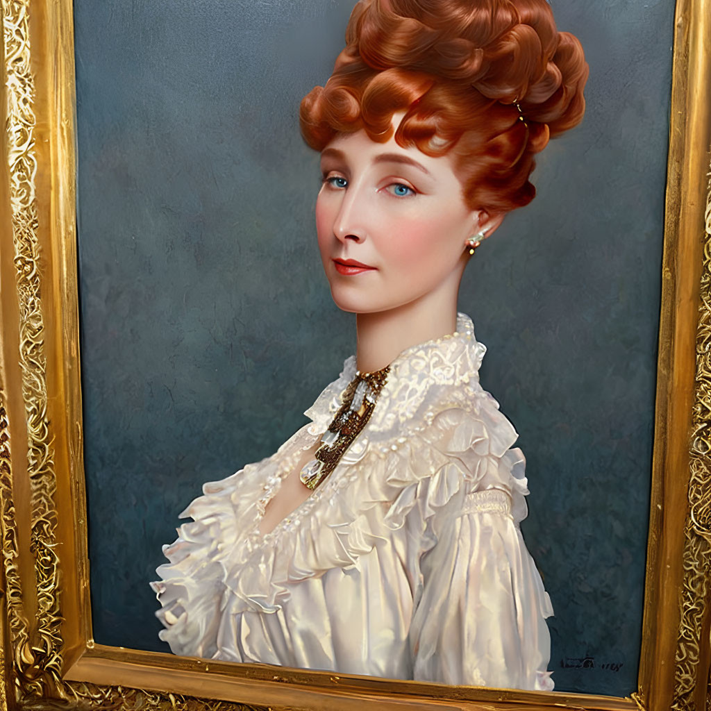 Elaborate updo woman portrait in ornate gold frame