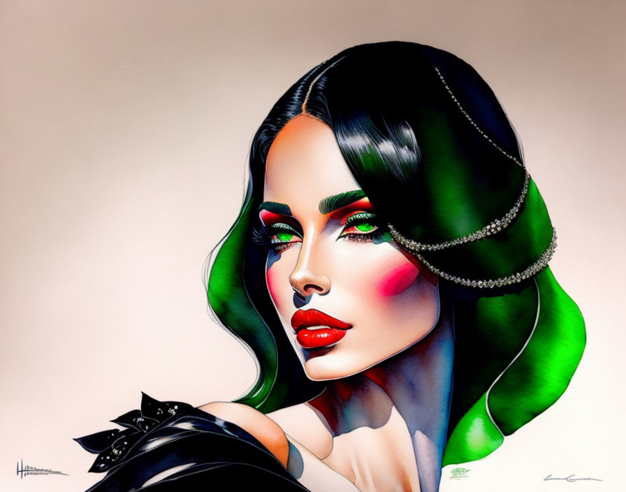 Detailed illustration of woman with black hair, green highlights, red lips, green eyeshadow, and