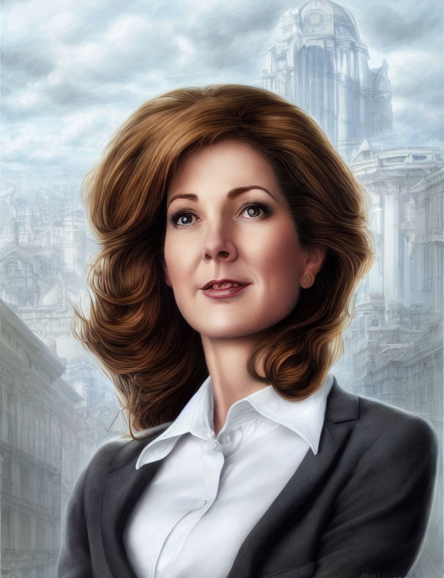 Smiling woman with brown hair in black blazer against cityscape