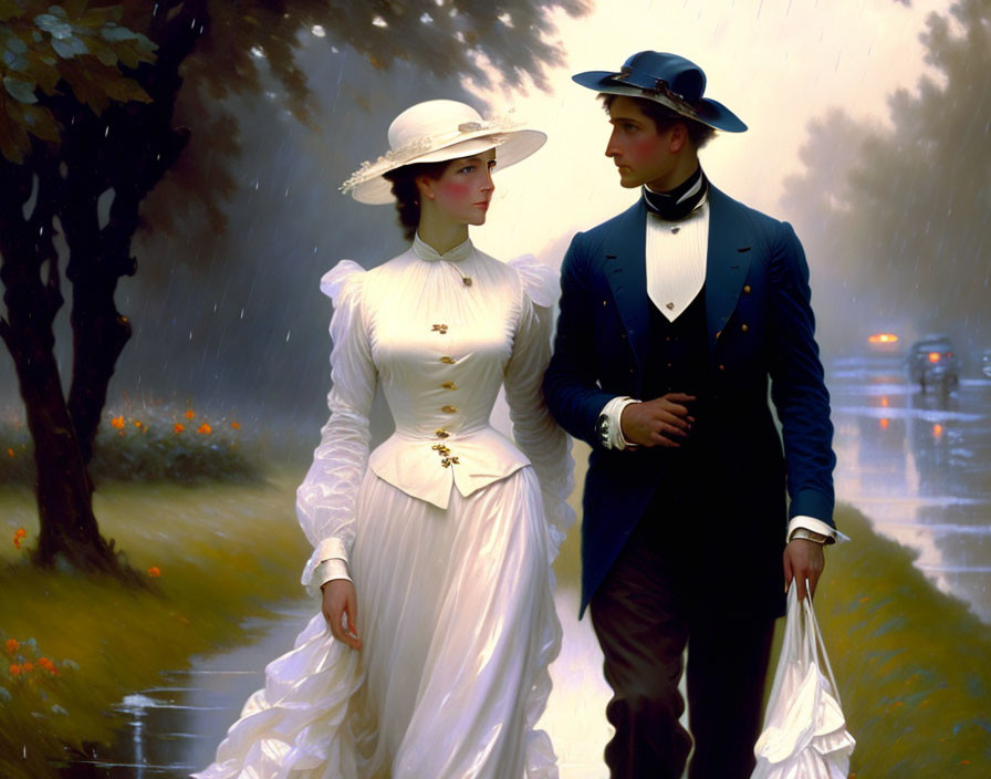 Man and woman in formal attire with parasol walking in rain on tree-lined path