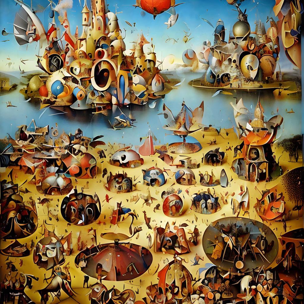 Surreal artwork: Vibrant floating islands, whimsical creatures, chaotic landscape