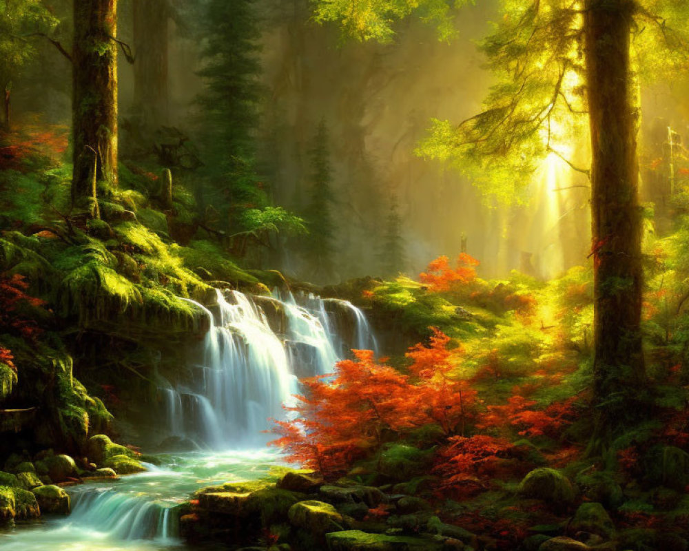 Tranquil forest landscape with waterfall and autumn foliage