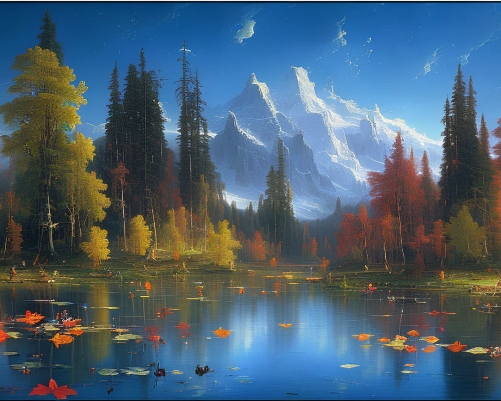 Autumn Landscape Painting with Lake, Mountains, and Sky