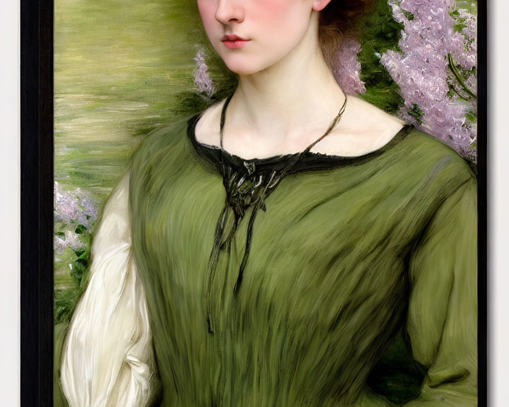 Woman in Green Dress Near Lilac Flowers with Contemplative Expression