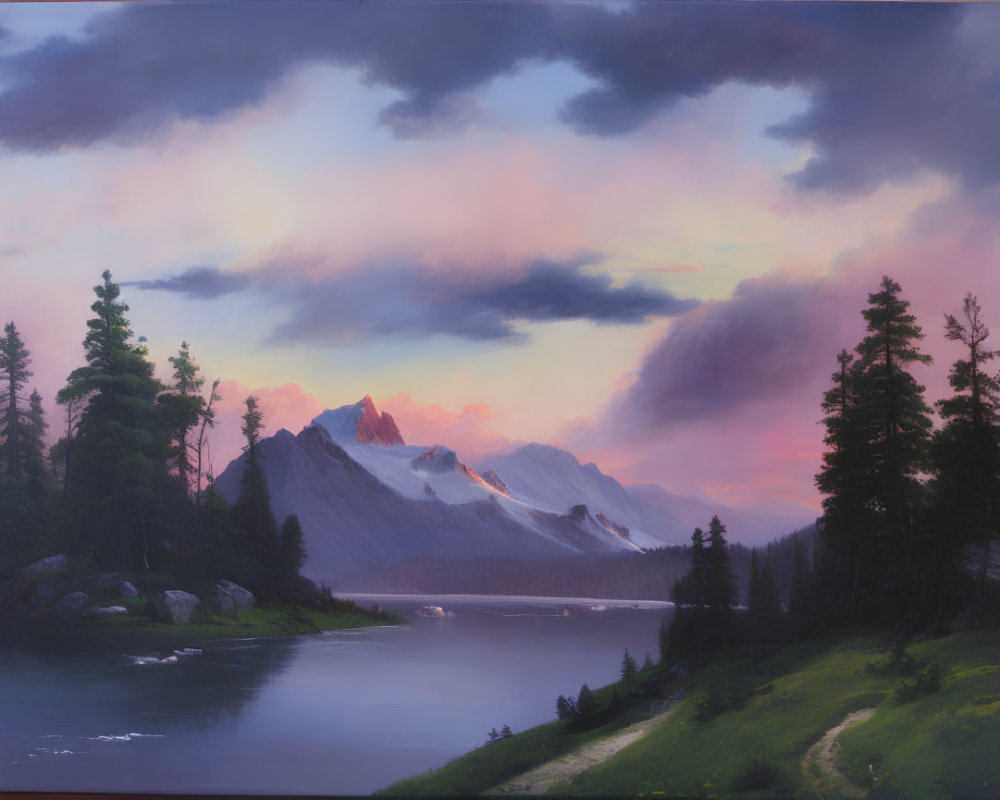 Tranquil landscape painting of serene lake, lush trees, and mountain under purple sunset.
