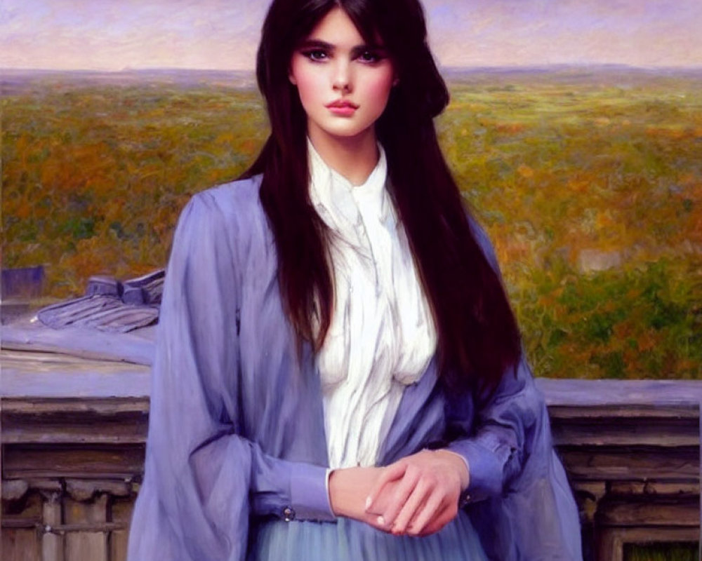 Portrait of Woman in Lilac Dress Against Pastel Landscape