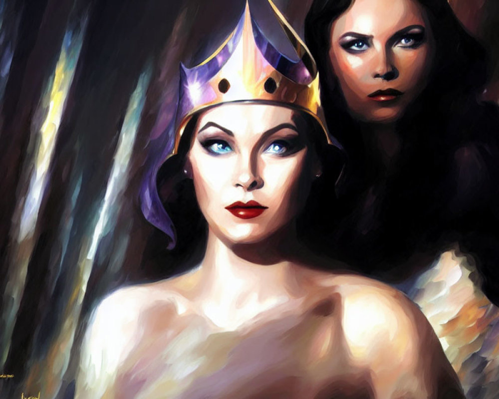 Stylized painting of two women with crown, one gazing forward, shadowy figure included